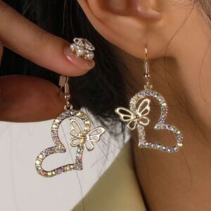Gold Butterfly Rhinestone Heart Dangle Earrings